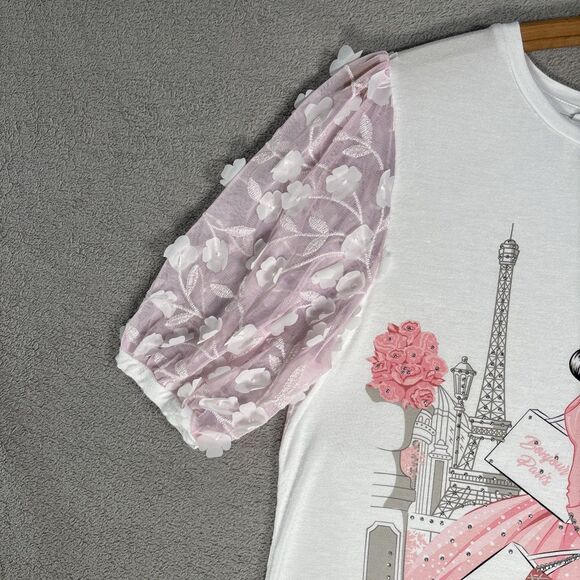 Love and Lace Women’s Size M Parisian Graphic T-Shirt Pink Puff Organza‎ Sleeves - Picture 5 of 14
